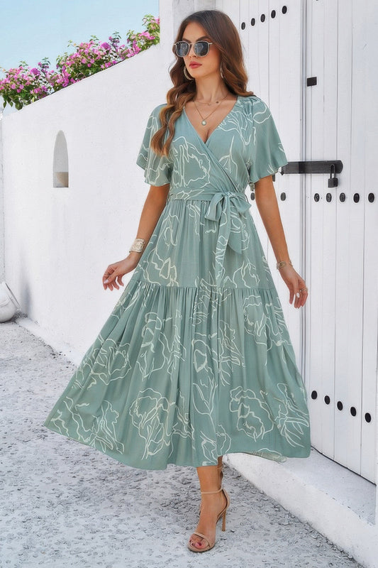 Allover Print V Neck Fit Belt A Line Long Dress - ZumBuys