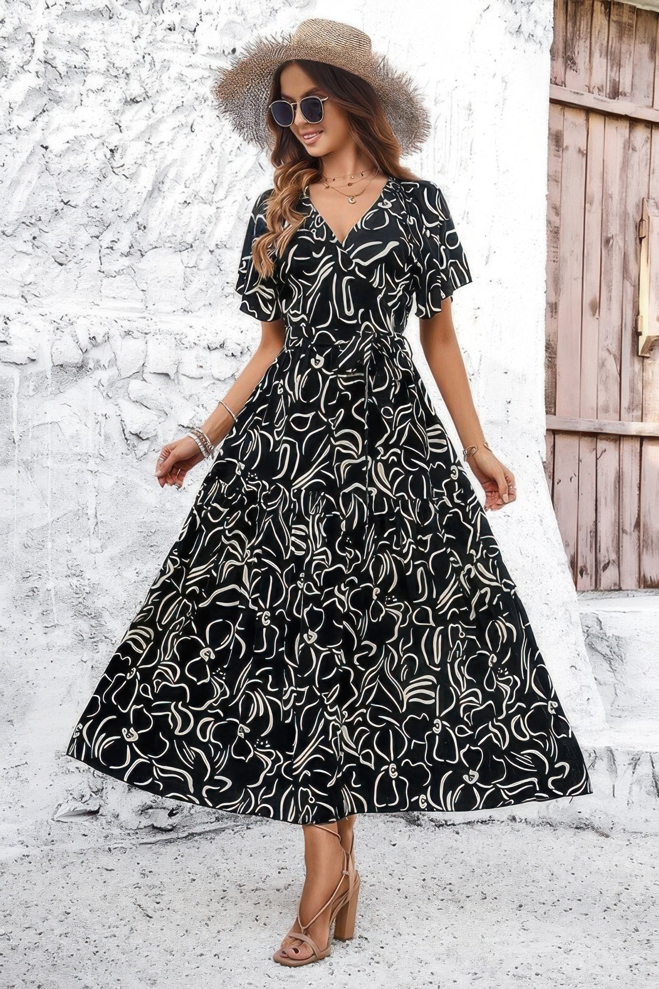 Allover Print V Neck Fit Belt A Line Long Dress - ZumBuys