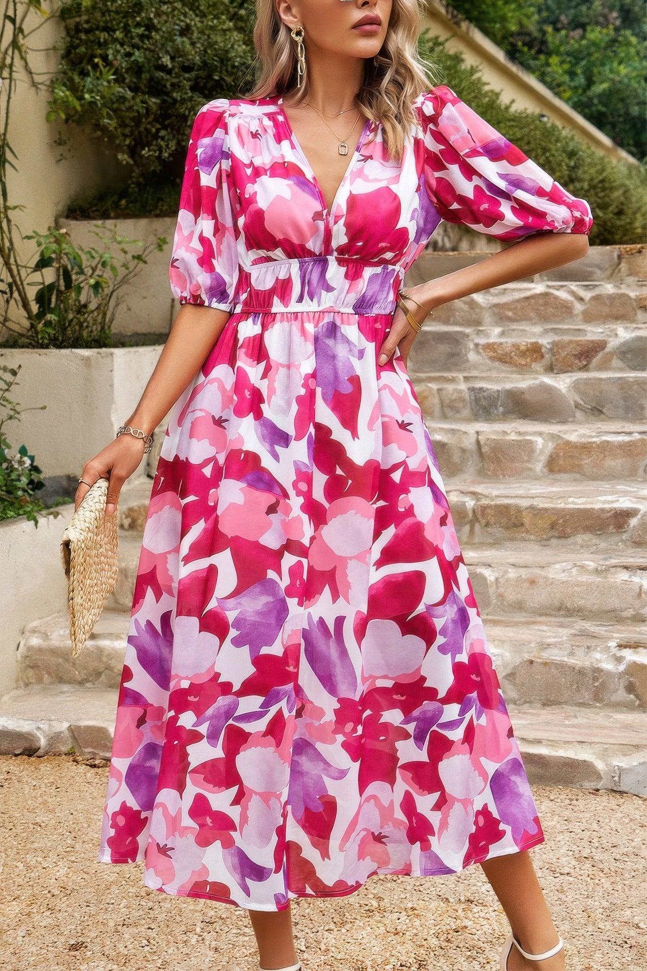 Bohemian V Neck Elastic Waisted Band Midi Dress - ZumBuys