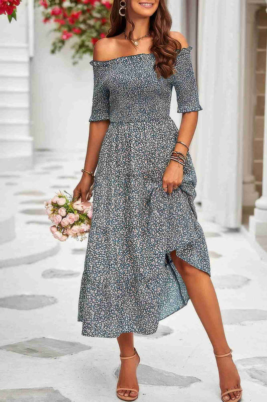 Boho Print Off Shoulder Ruffle Hem Floral Dress - ZumBuys