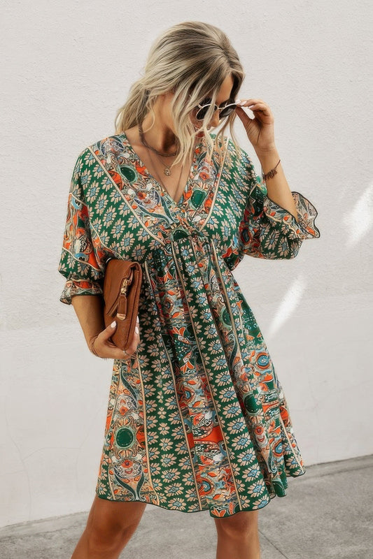 Boho Print Wrap Neck Tie Back Pleated Hem Dress - ZumBuys