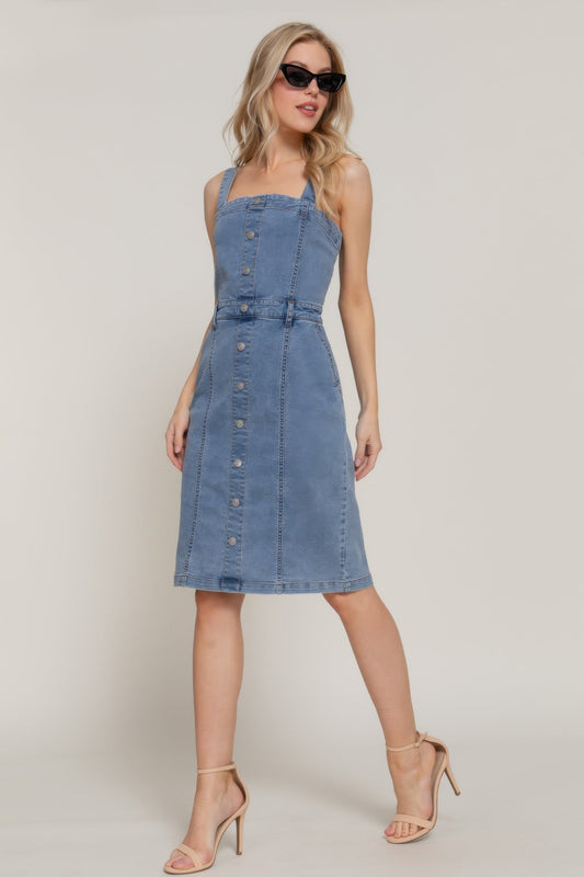 Button Down Placket Stretch Denim Dress - ZumBuys