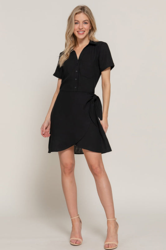 Button Down Side Bow Linen Effect Mini Dress - ZumBuys