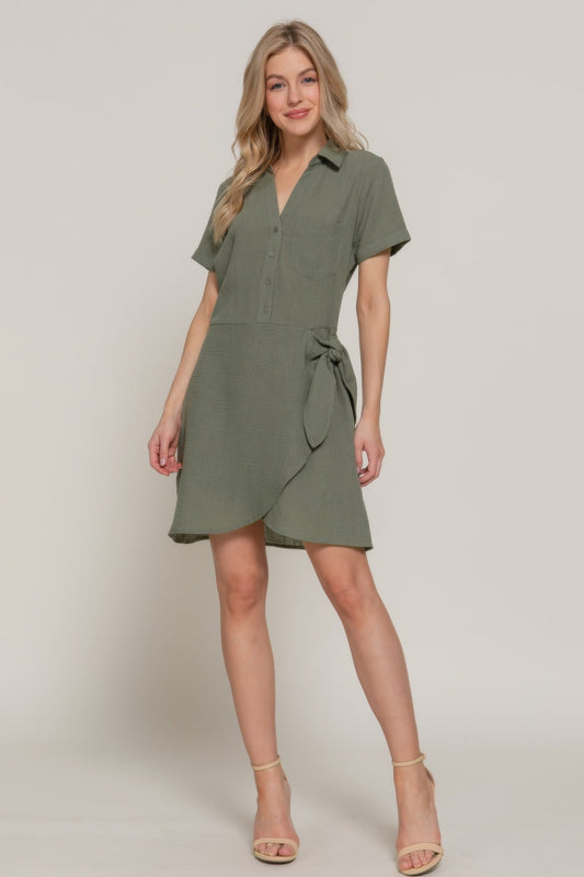 Button Down Side Bow Linen Effect Mini Dress - ZumBuys