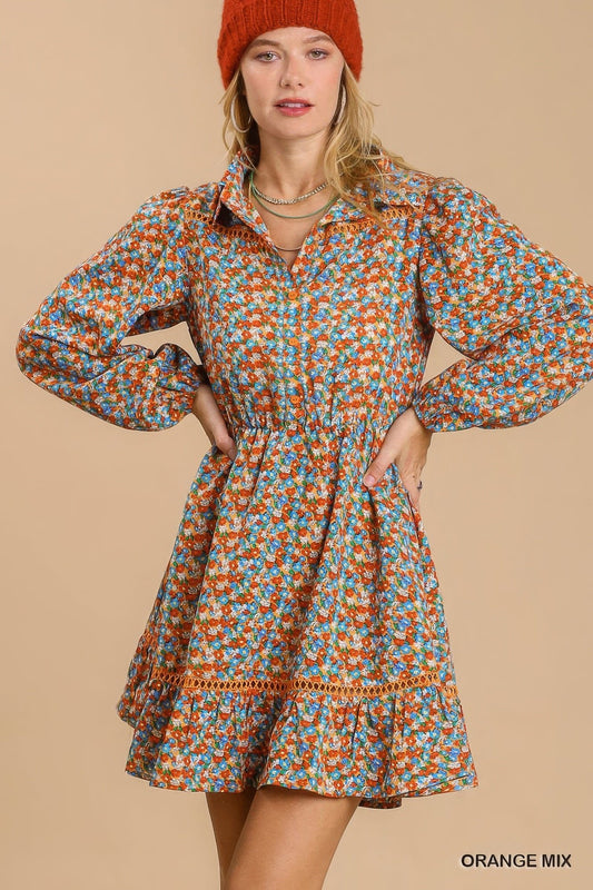 Collared Neckline Button Down Floral Print Dress with Crochet Trimmed Details - ZumBuys