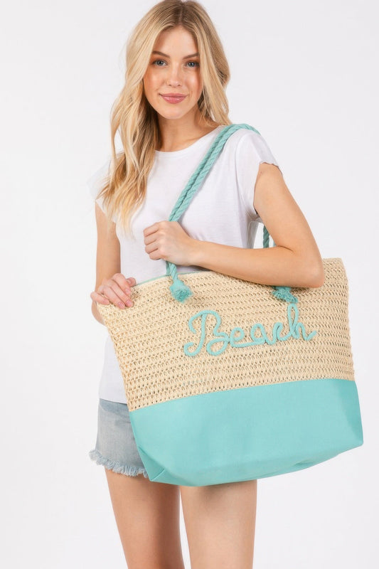 Color Sewn Rope Beach Letter And Strap Crochet Fabric Tote - ZumBuys