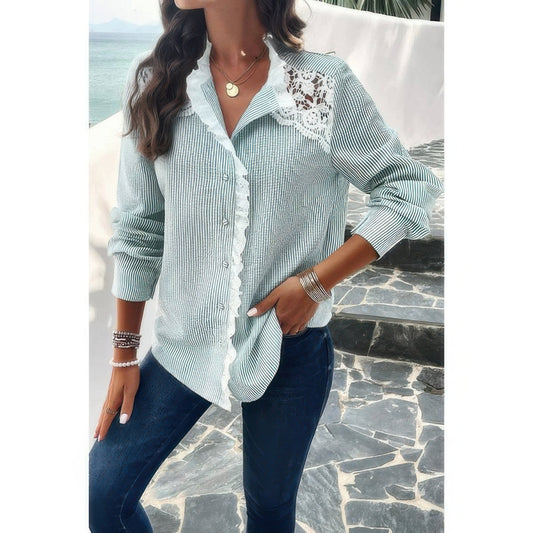 Colorblock Guipure Lace Insert Button Front Shirt - ZumBuys