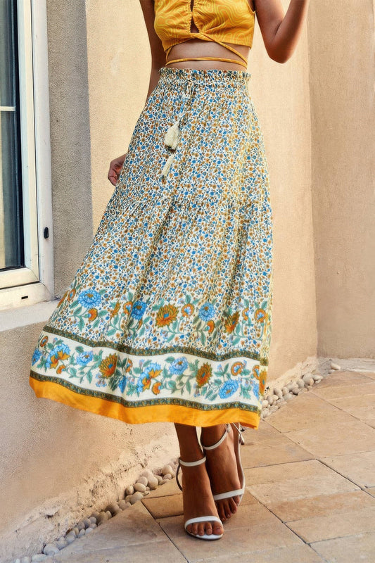 Drawstring Floral Ruffled Maxi Skirt - ZumBuys