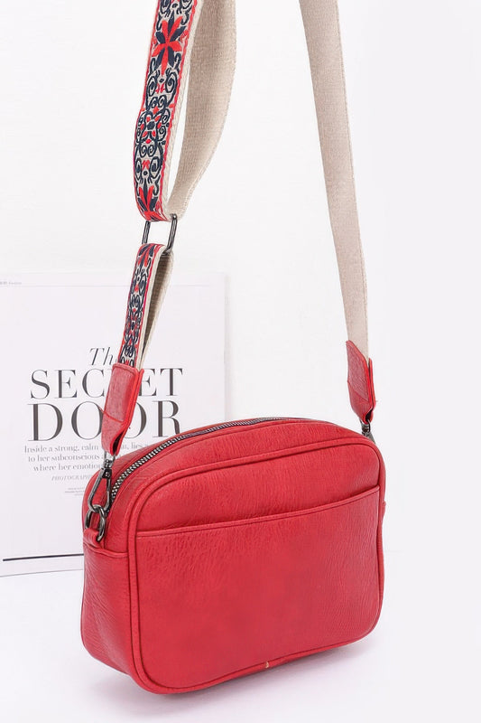 Faux Leather Camera Bag with Multi Color Strap - ZumBuys