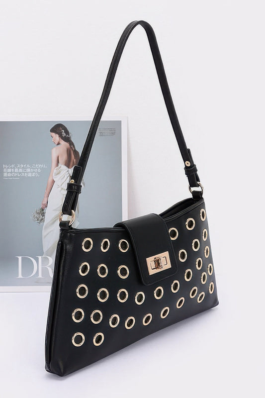Faux Leather Eyelet Studded Shoulder Bag - ZumBuys