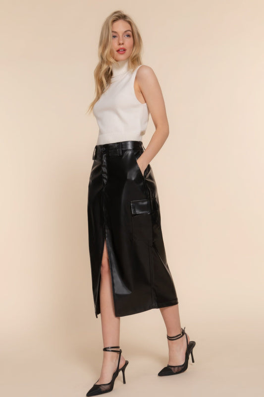 Faux Leather Midi Cargo Skirt - ZumBuys