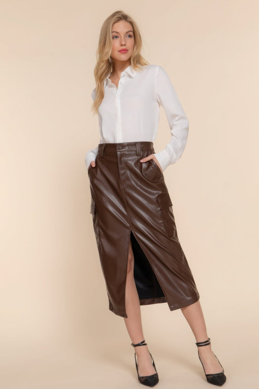 Faux Leather Midi Cargo Skirt - ZumBuys