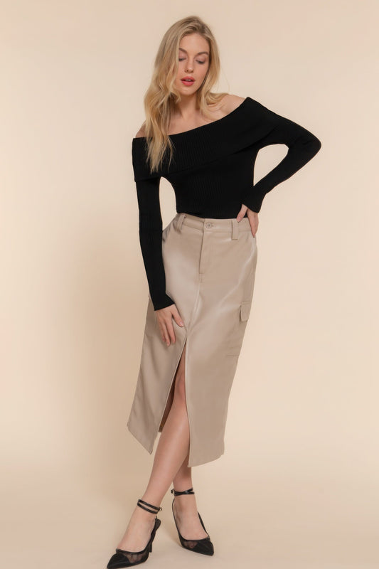 Faux Leather Midi Cargo Skirt - ZumBuys