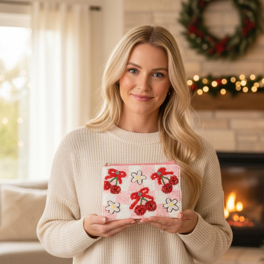 Floral Cherry Theme Beaded Coin Bag - ZumBuys