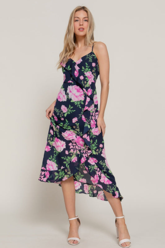 Floral Print Ruffle Slip Midi Dress - ZumBuys