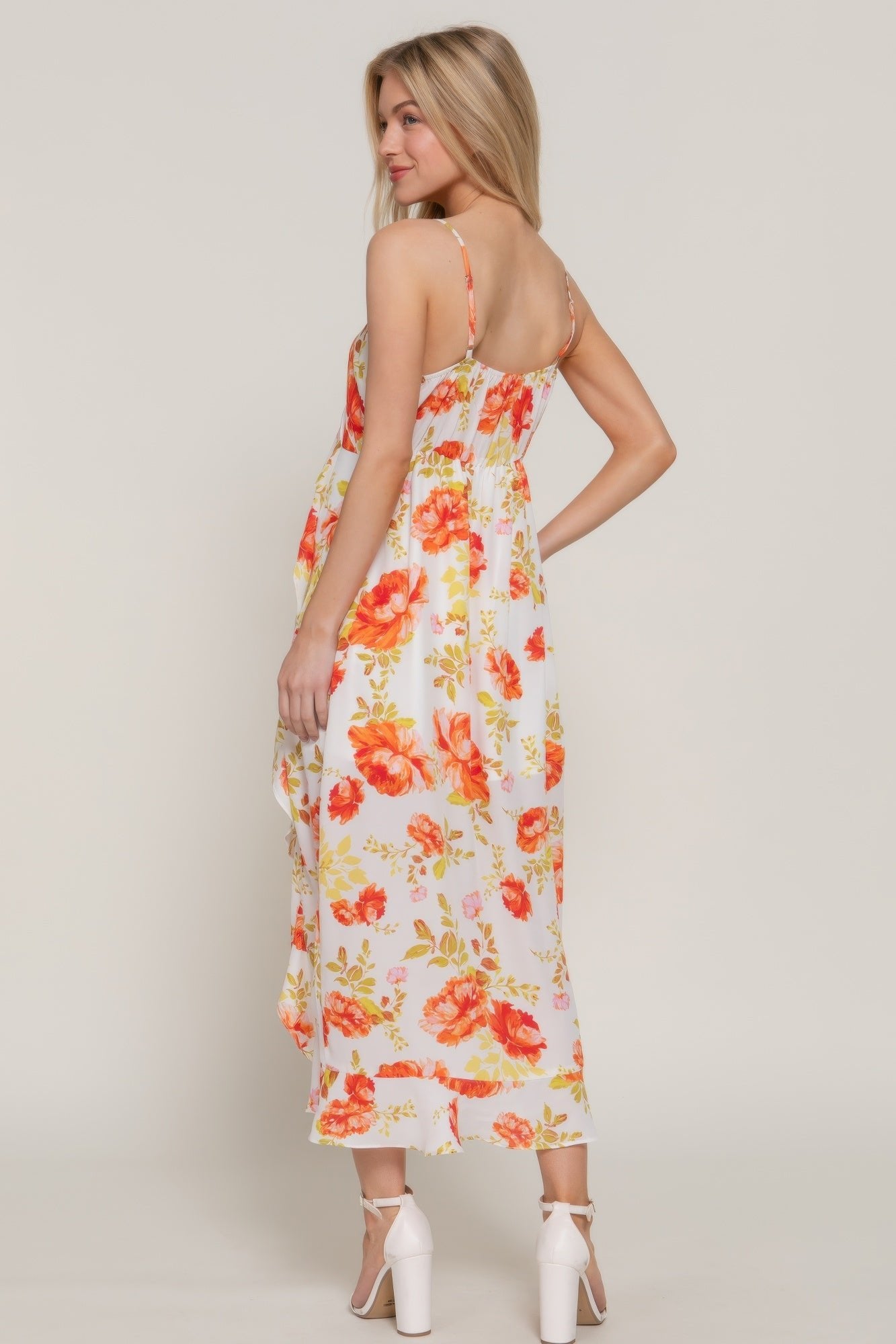 Floral Print Ruffle Slip Midi Dress - ZumBuys