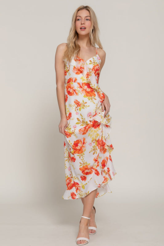 Floral Print Ruffle Slip Midi Dress - ZumBuys