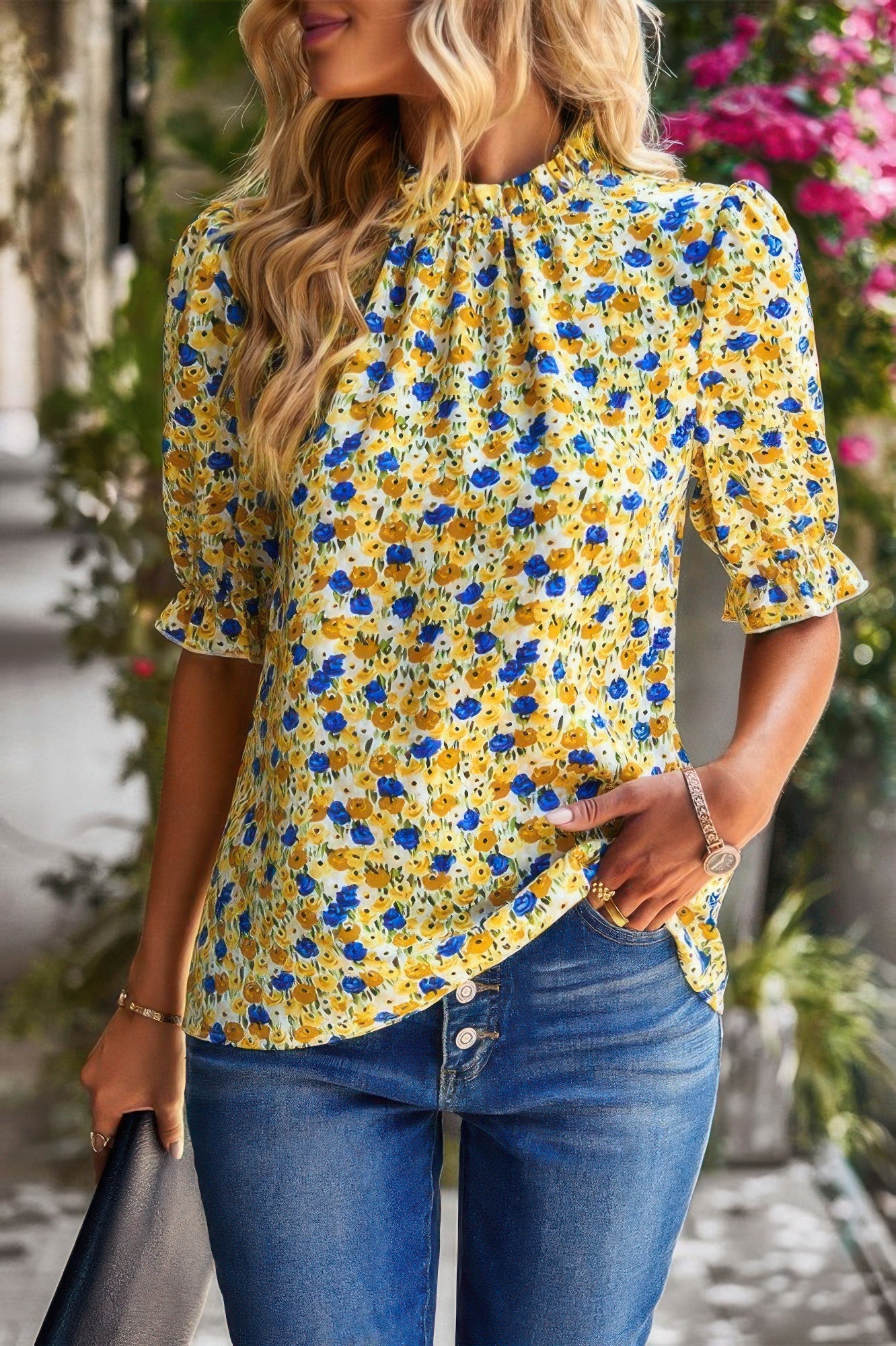 Floral Ruffle Mock Neck Puff Short Sleeve Shirt - ZumBuys
