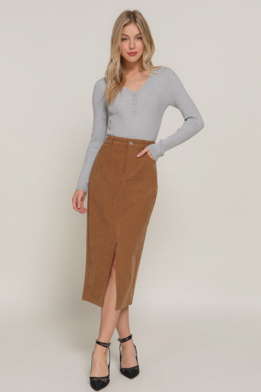 Front Open Slit Corduroy Midi Skirt - ZumBuys