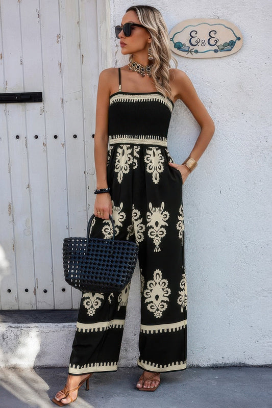 Geo Print Off Shoulder High Waist Fit Jumpsuit - ZumBuys