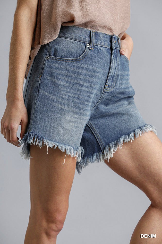 High Rise Denim Shorts With Raw Hem - ZumBuys