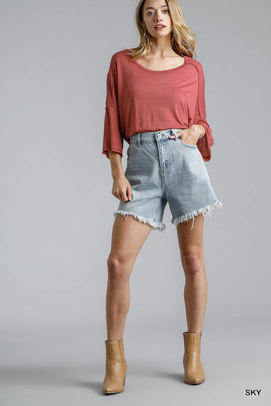 High Rise Denim Shorts With Raw Hem - ZumBuys