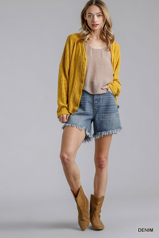 High Rise Denim Shorts With Raw Hem - ZumBuys