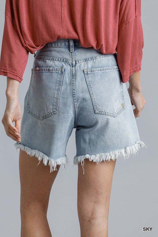 High Rise Denim Shorts With Raw Hem - ZumBuys