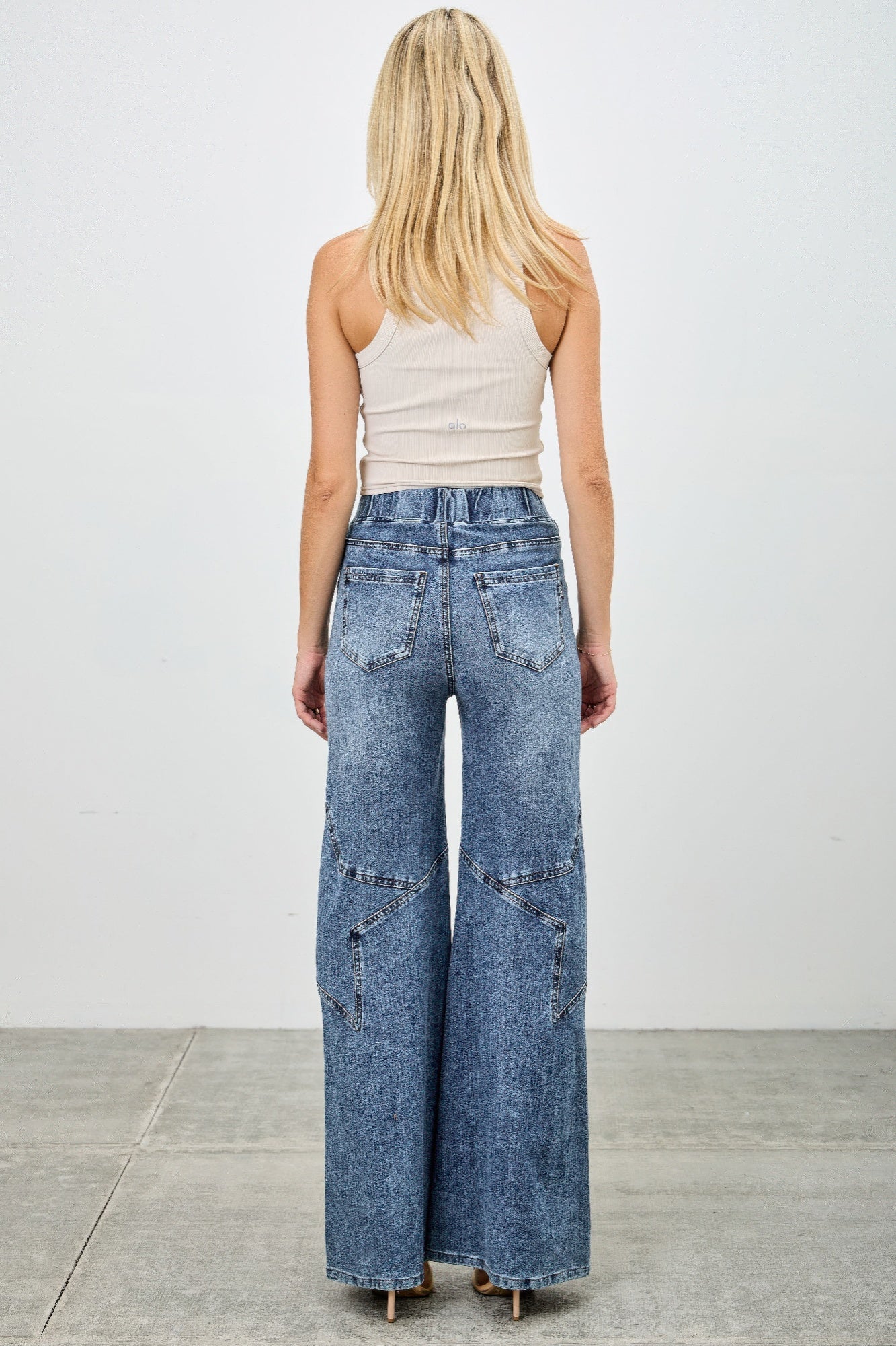 High Rise Star Pull On Knit Denim With Wide Leg - ZumBuys