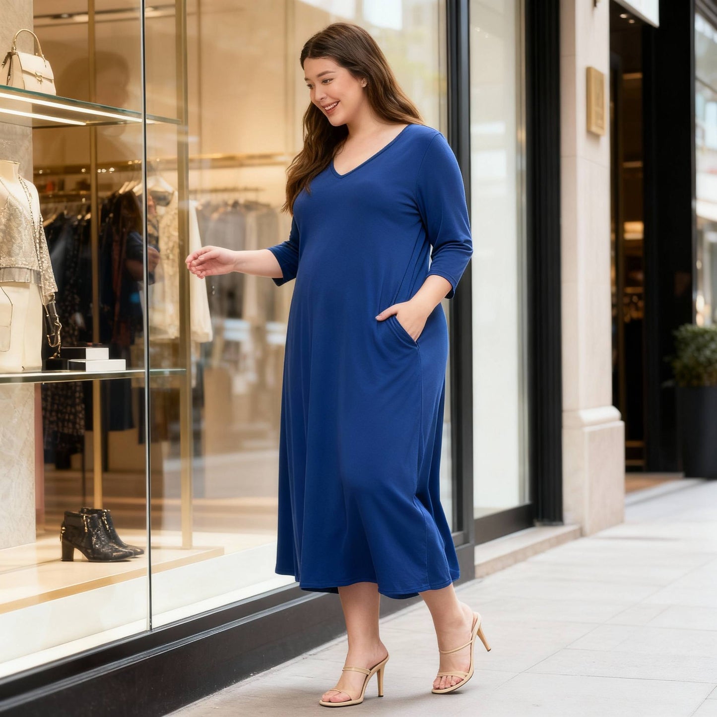 Hit V - neck Long Dress W/pocket - ZumBuys