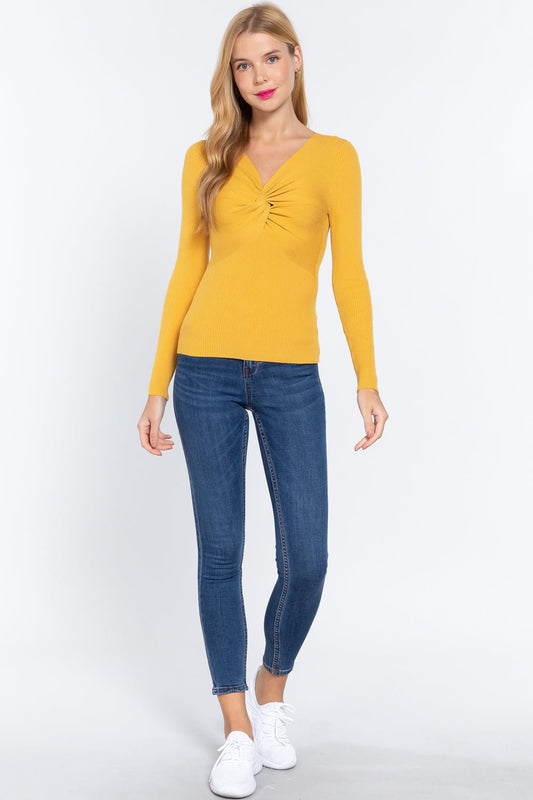 Long Sleeve V - neck Knotted Sweater - ZumBuys