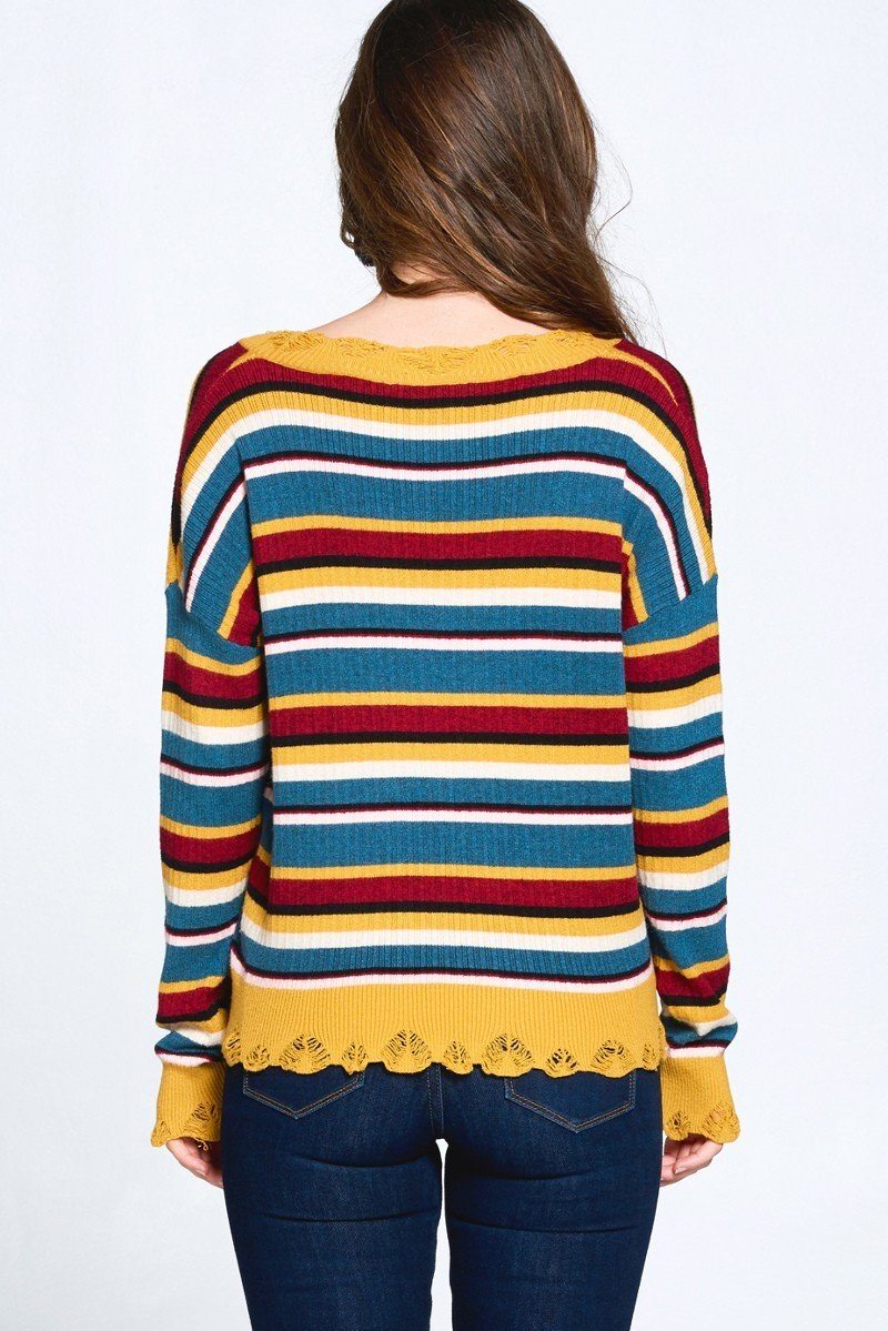 Multi - colored Variegated Striped Knit Sweater - ZumBuys