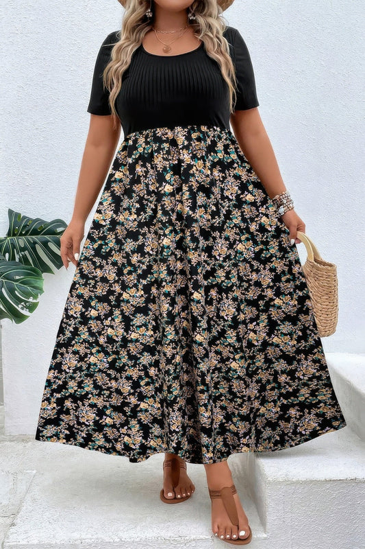 Plus Floral Print Elastic Fit High Waist Dress - ZumBuys