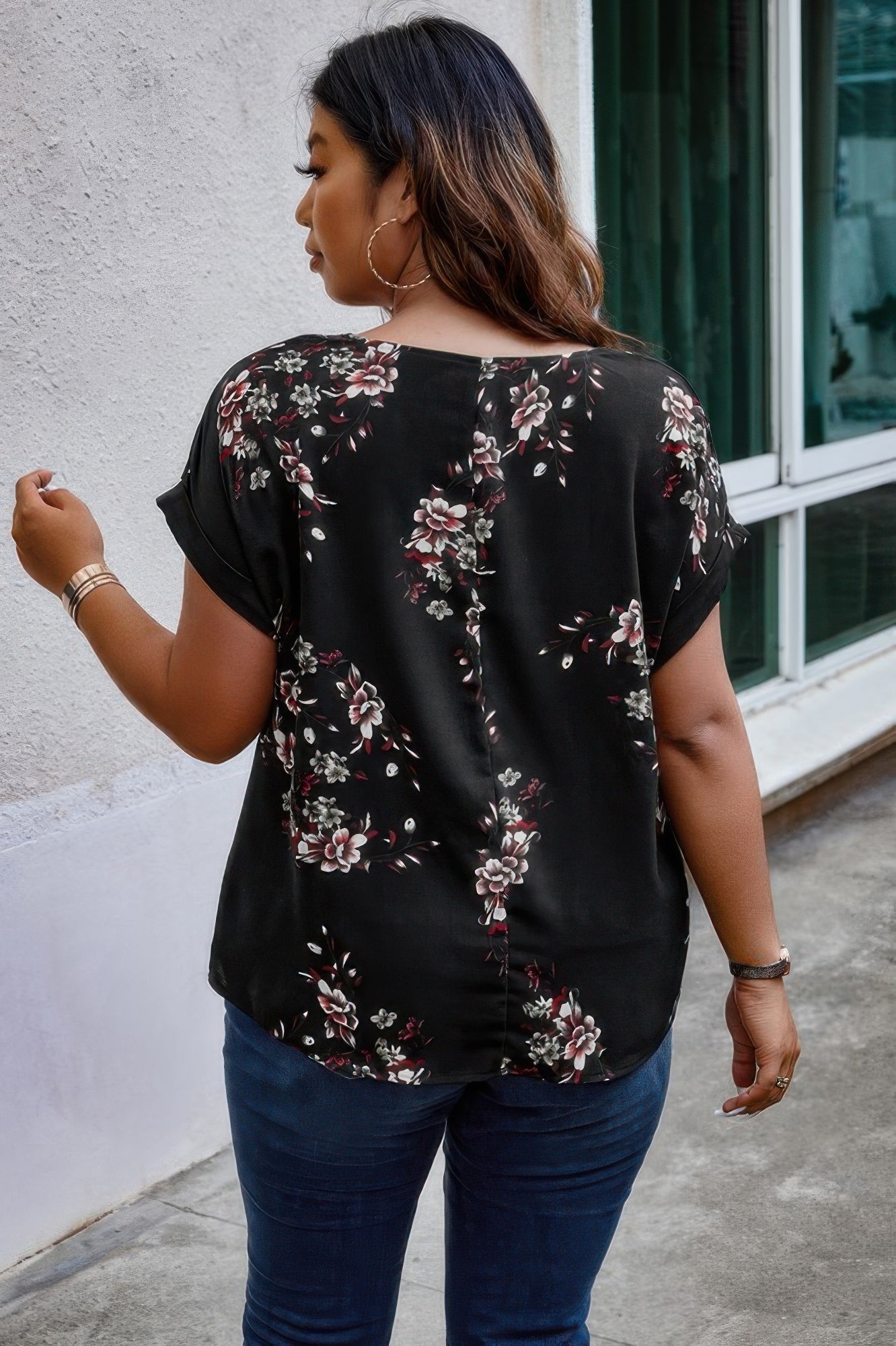 Plus Size Floral Print V Neck Loose Blouse - ZumBuys