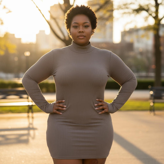 Plus Size Ribbed Long Sleeve Mock Neck Mini Bodycon Dress - ZumBuys