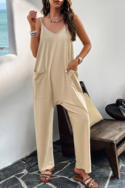 Pocketed Spaghetti Strap Loose Sleeveless Jumpsuit - ZumBuys