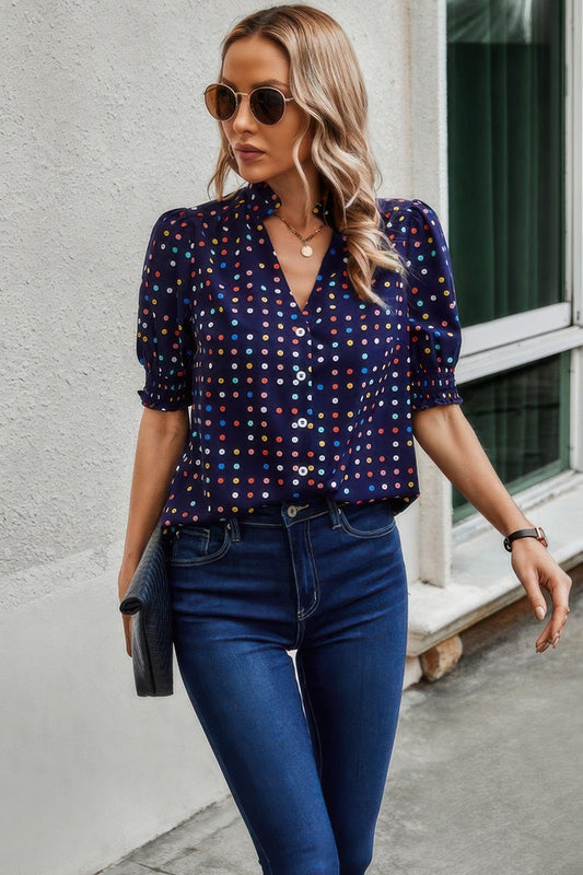 Polka Dot Print Puff Sleeve Loose Shirt - ZumBuys