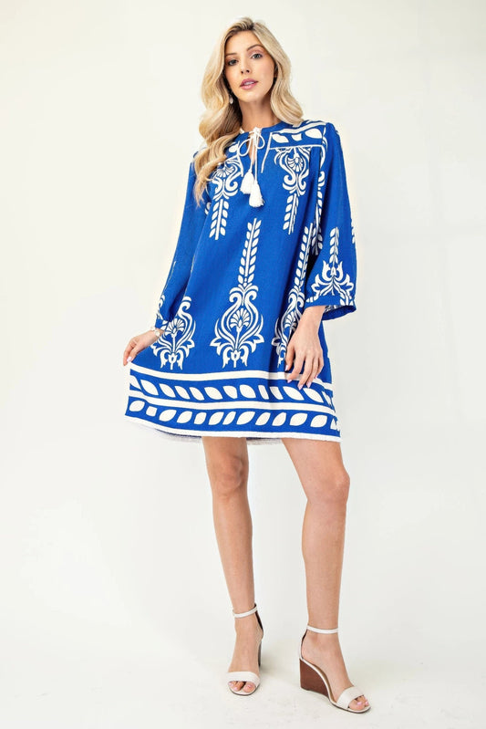 Printed 3/4 Sleeve Dress With Tassel Tie And Fringe Detail On Hem - ZumBuys