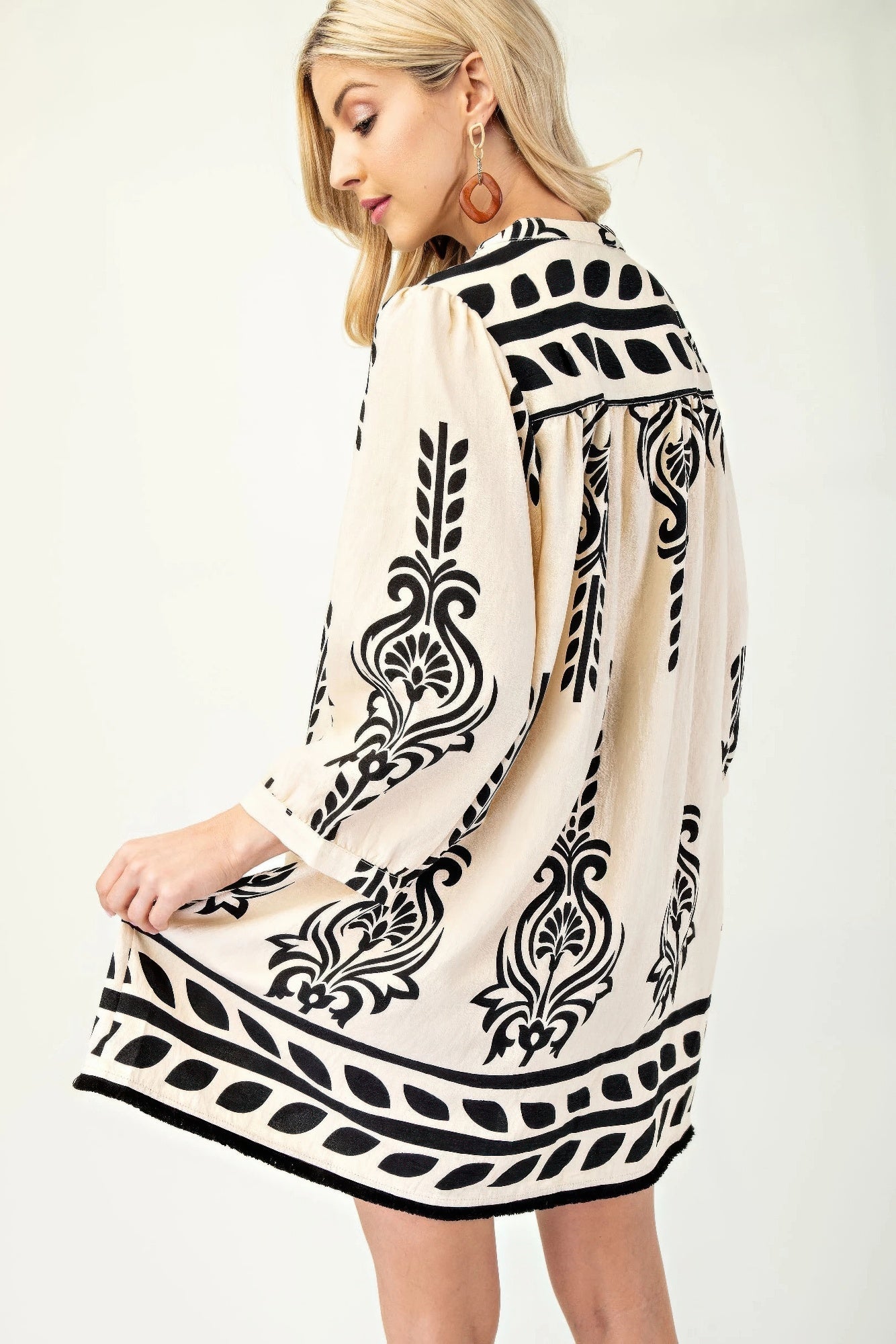 Printed 3/4 Sleeve Dress With Tassel Tie And Fringe Detail On Hem - ZumBuys