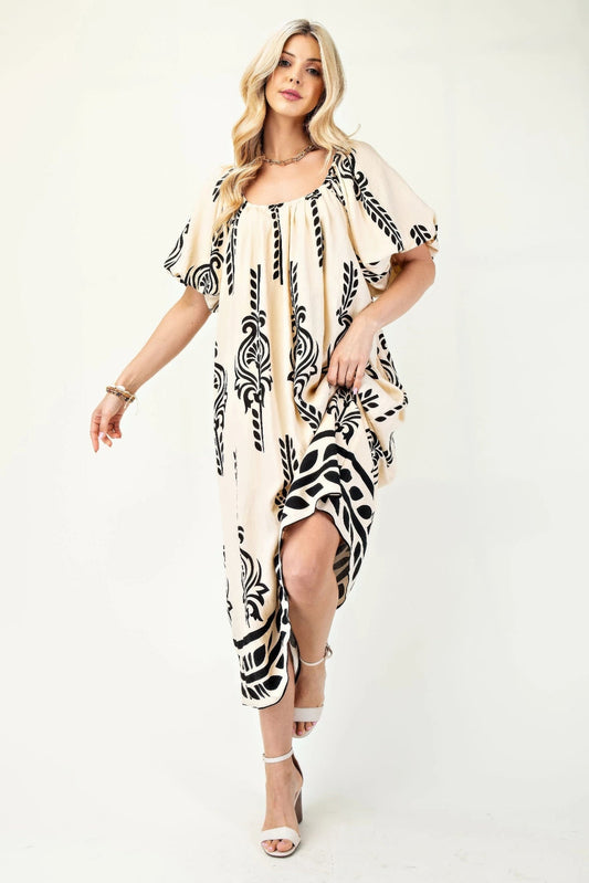 Printed Midi Dress With Short Puff Sleeves - ZumBuys