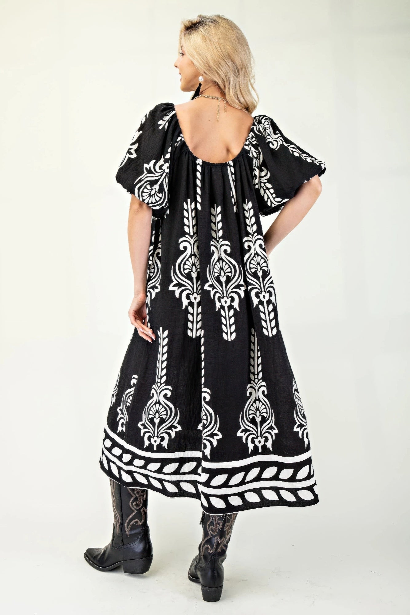 Printed Midi Dress With Short Puff Sleeves - ZumBuys