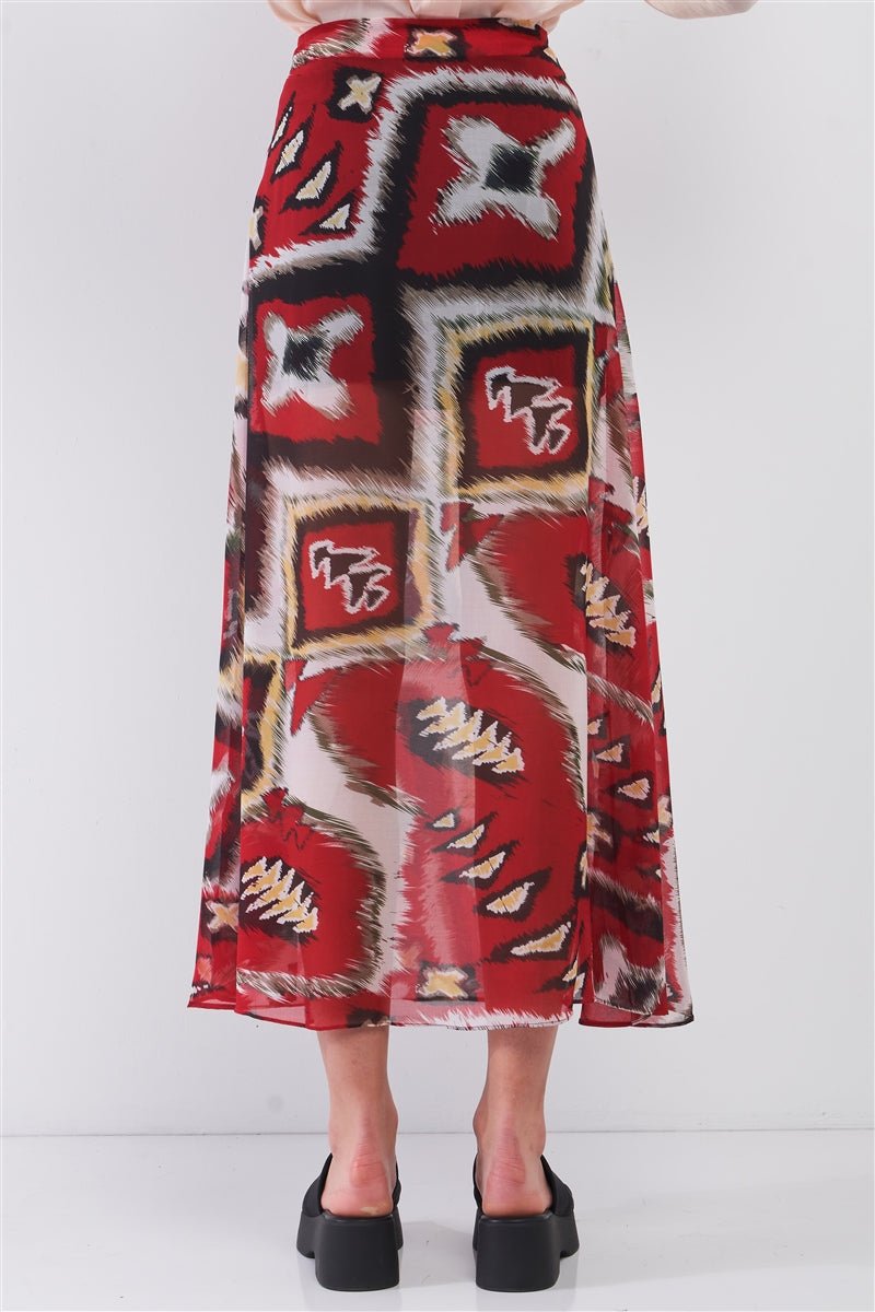 Red & Multi Vintage Graphic Print High - waisted Two Front Slits Maxi Skirt - ZumBuys