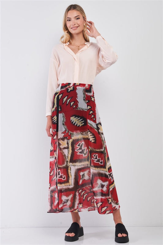 Red & Multi Vintage Graphic Print High - waisted Two Front Slits Maxi Skirt - ZumBuys