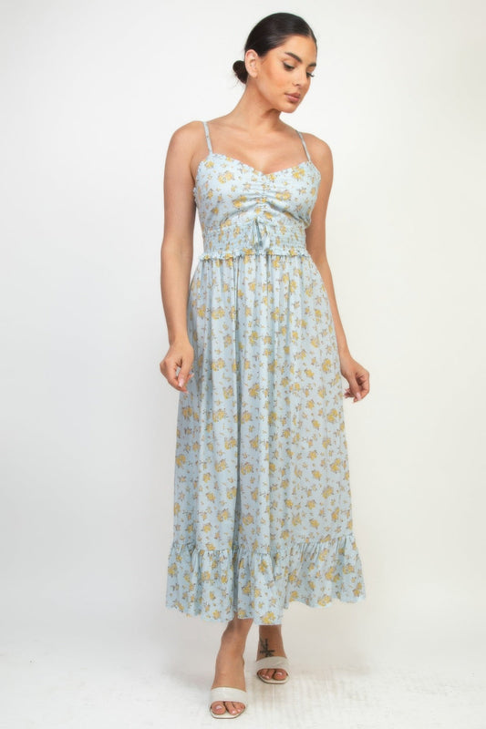 Ruched Ditsy Ruffled Hem Dress - ZumBuys