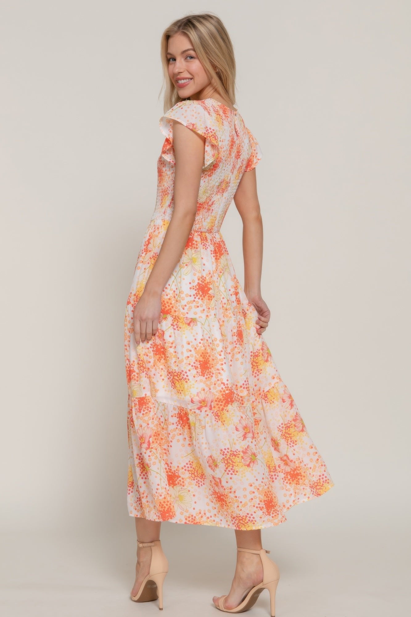 Ruffle Sleeve Smocked Floral Print Dress - ZumBuys