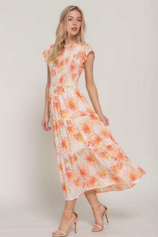Ruffle Sleeve Smocked Floral Print Dress - ZumBuys