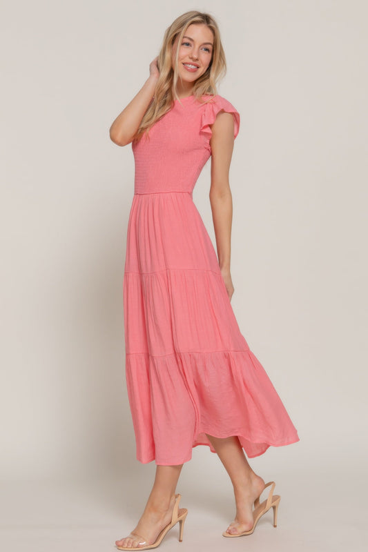 Ruffle Sleeve Smocked Solid Tired Dress - ZumBuys