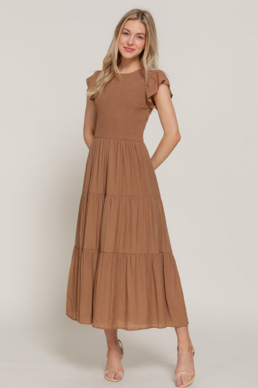 Ruffle Sleeve Smocked Solid Tired Dress - ZumBuys