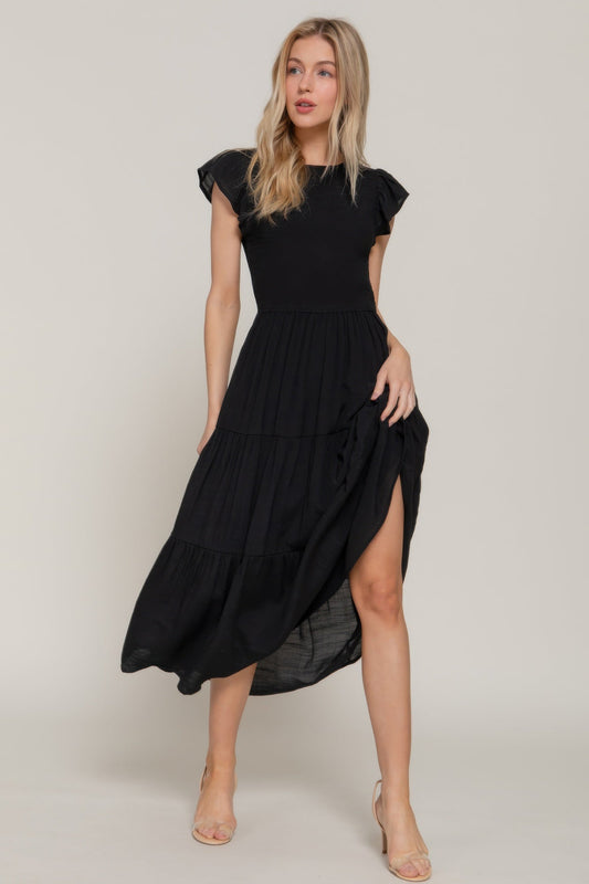 Ruffle Sleeve Smocked Solid Tired Dress - ZumBuys