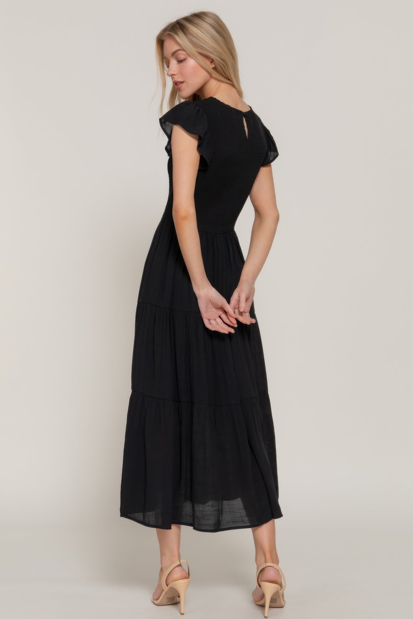 Ruffle Sleeve Smocked Solid Tired Dress - ZumBuys